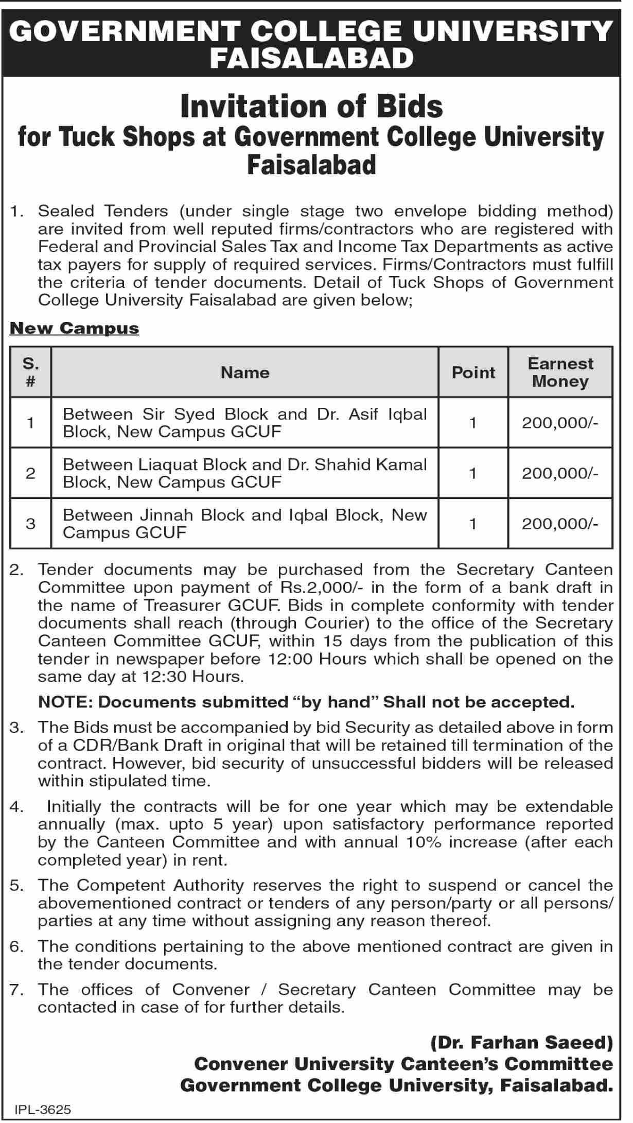 Government College University Faisalabad Tender Notice